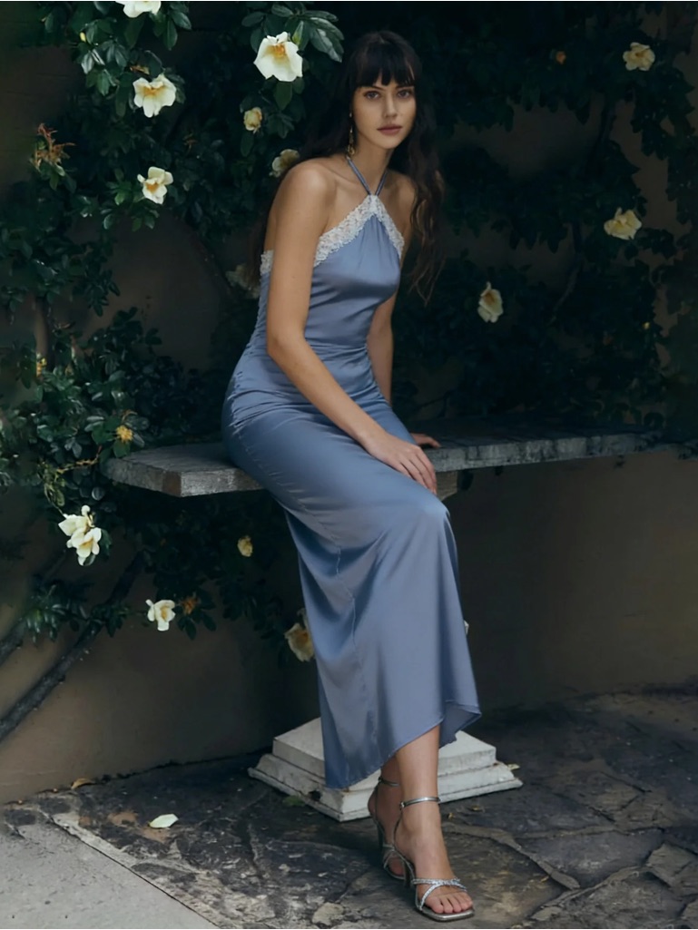 Blue Halter Slip Midi Dress